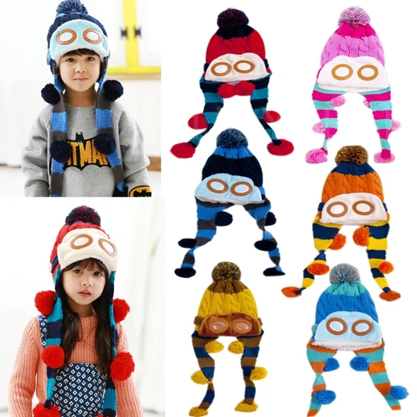 Best price Children Kids Earflap Hat Autumn Winter Knitted Cap with 2 Long Braids for top quality