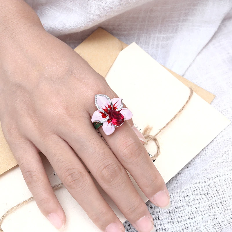 2018 New Pink Enamel silver orchid Jewelry Set (stub Earrings Pendant ring) Authentic 925 Sterling Silver Jewelry DIY Making (9)