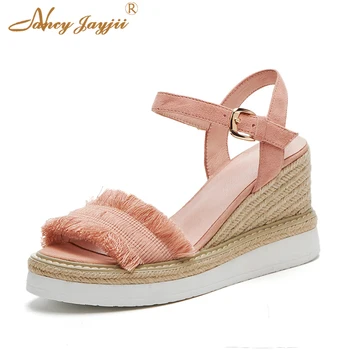 

2018 Summer Wedges Women Sandals Genuine Leather Platform Fringe Green Pink Apricot Sweet Fashion High Heel Solid Sheep Skin TPU