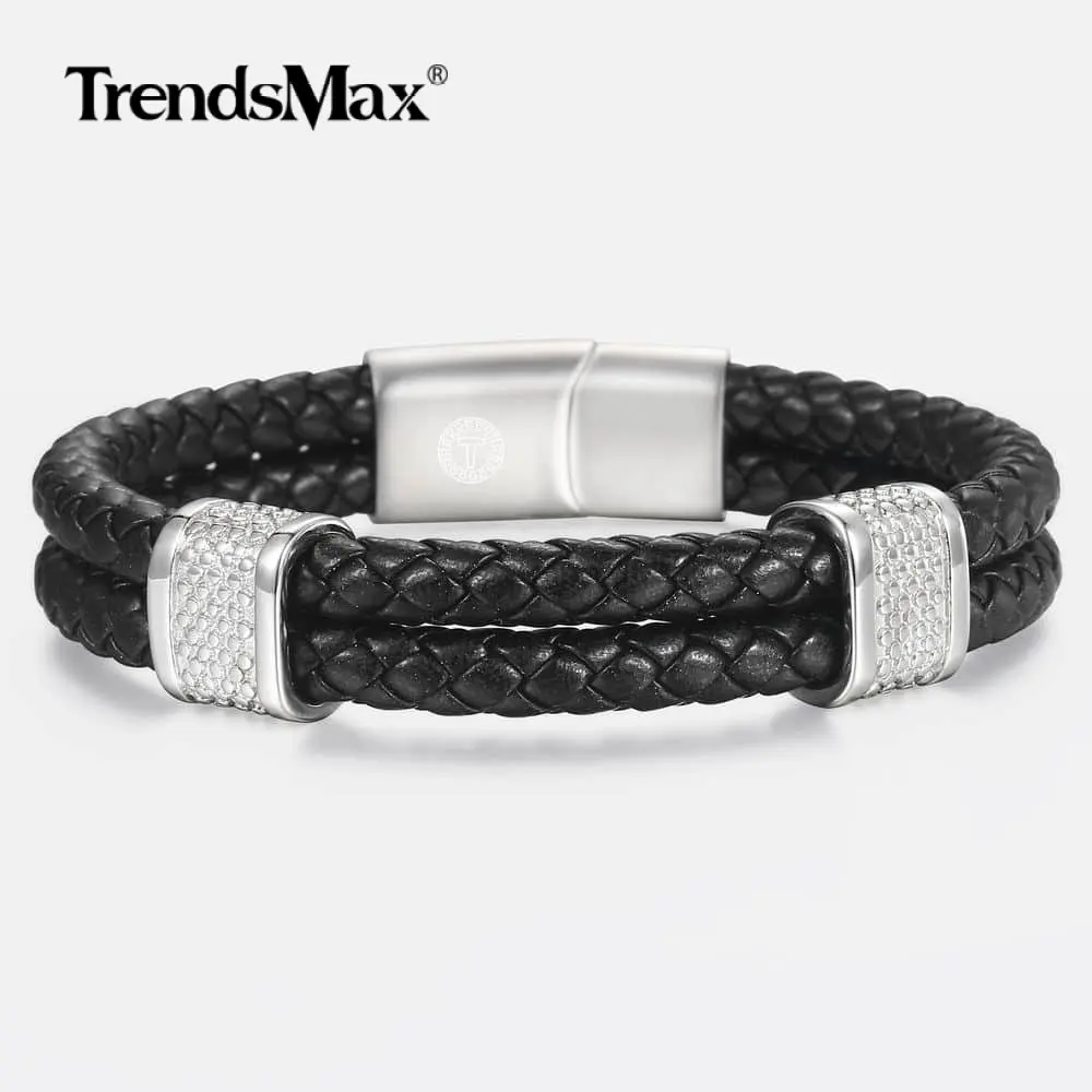 

Trendsmax Genuine Leather Bracelet Double Layer Silver Color Special Jewelry For Mens Boys Father's Gift Male Jewelry DLB147