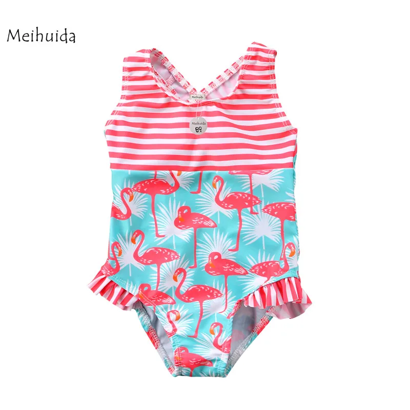Toddler Baby Girl One Piece Swimsuit Sleeveless Striped Swimwear Flamingo Pattern Bikini 2018 Summer Children Bathing Suit 2-7Y | Спорт и