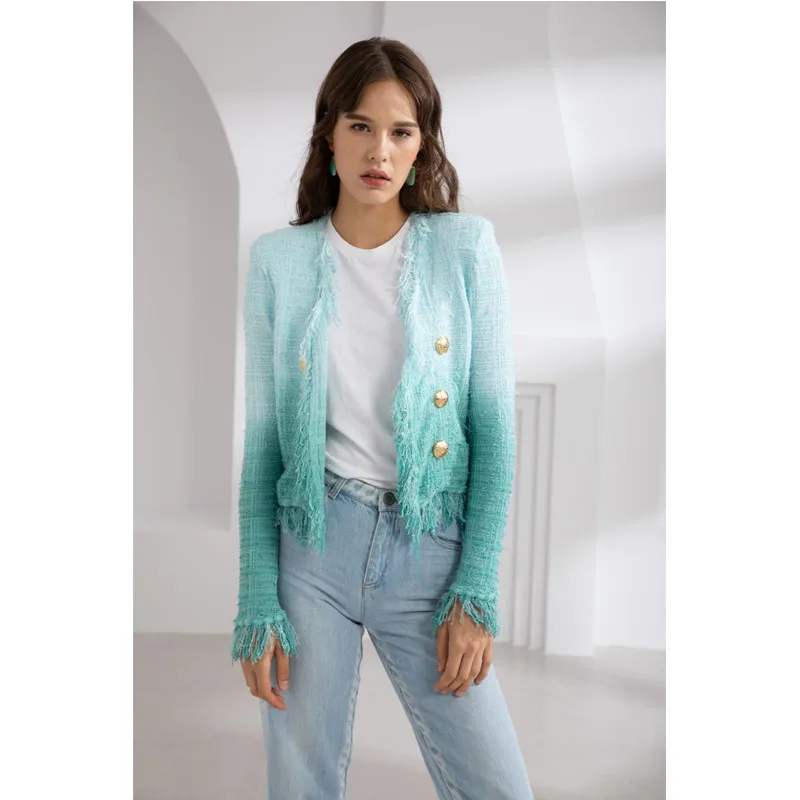 

2019 autumn and winter clothing female fashion temperament tassel woman cardigan without buckle temperament woman blue gradient