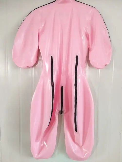 100%Latex Pure Rubber Catsuit Bodysuit Pink and Transparent Suit Size XXS-XXL 