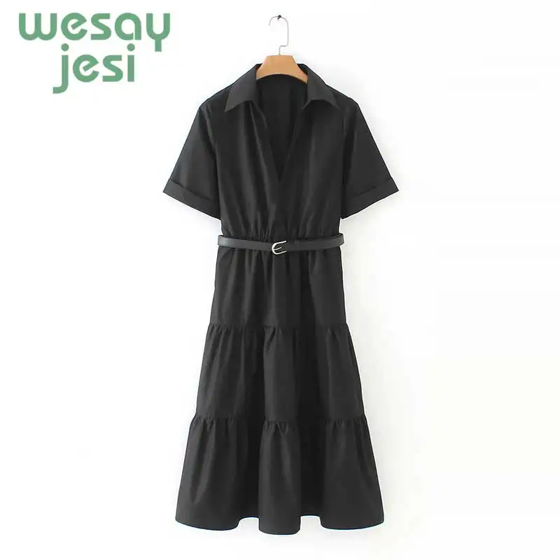 

Summer dress Black Shirt Dress Women Turn-down Collar Midi Spliced Dress With Belt Dresses vestidos largos de verano casual
