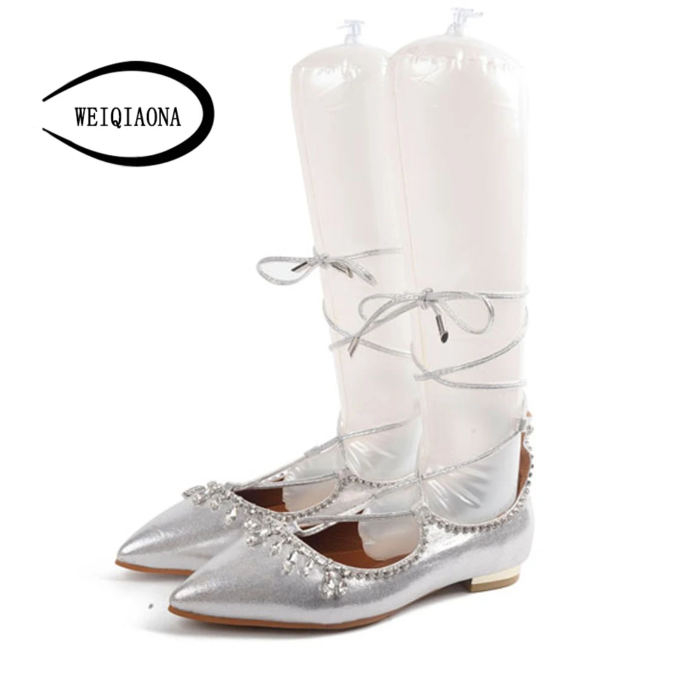 

WEIQIAONA new ladies single shoes roman shoes Rhinestone Pointed cross strap High quality PU Sexy shallow flats shoes for women