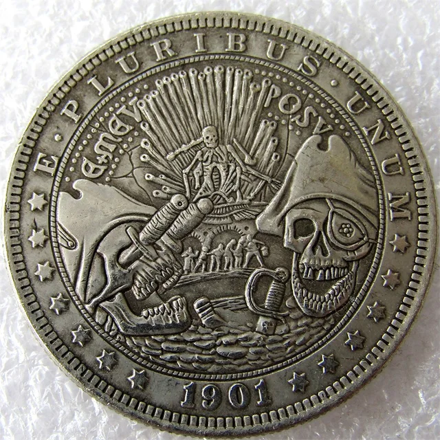 Cheap US 1901 Morgan Dollar With Warfare skull zombie skeleton Hand Carved Copy Coinss High Quality