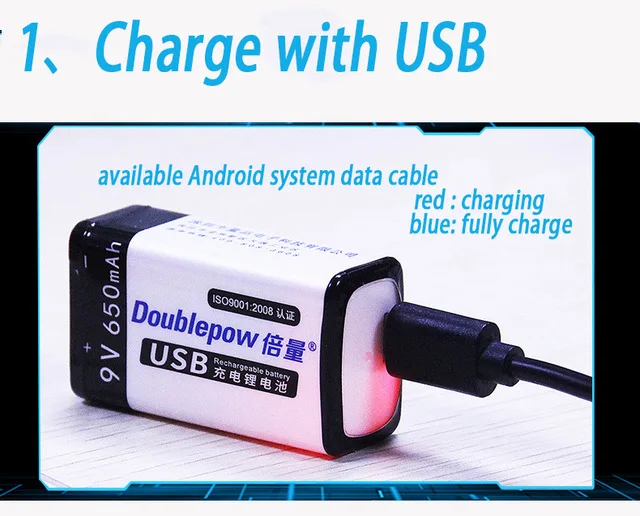1 шт. 9В оригинальный doublepow USB аккумулятор 6F22 650 мАч беспроводной микрофон