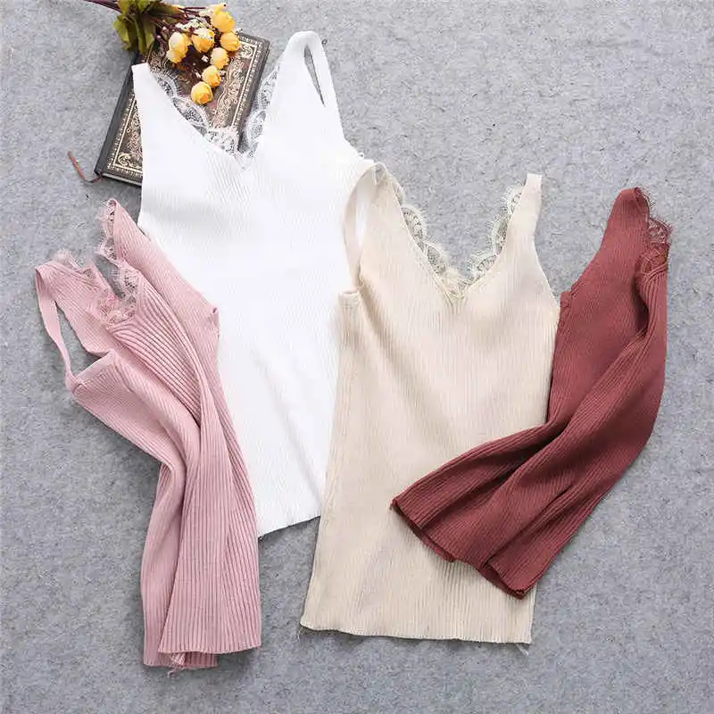 Girl Plain Camisole Lace Splicing Double V-neck Vest Slim Sling Tank Tops