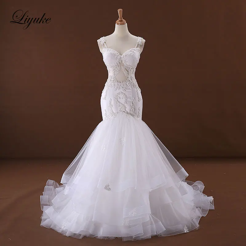 

Liyuke J170 Elegant Tulle A-Line Wedding Dress V-Neck Appliques Backless Beading Spaghetti Straps Bride Dress robe de marriage