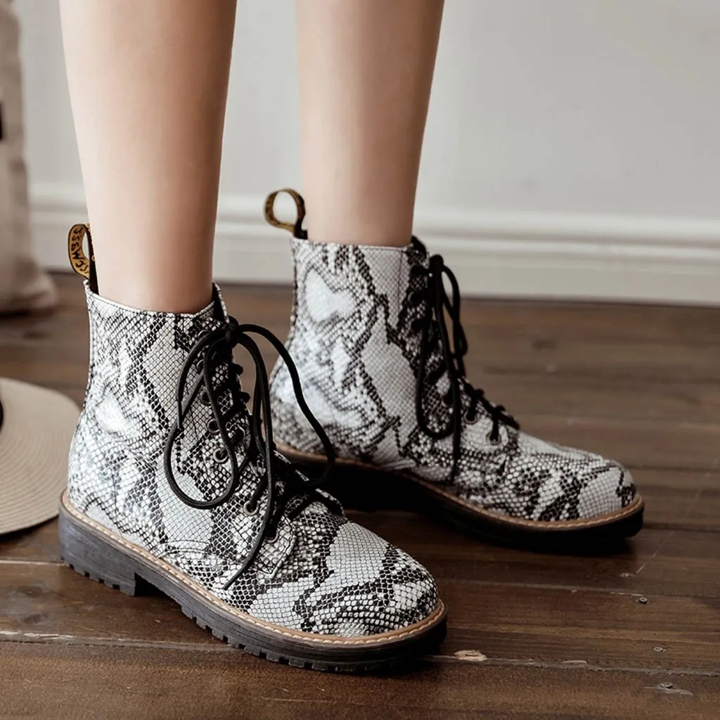 

MUQGEW women's boots autumn Single Boots Snake Print ankle boots for women with platform Round Head Lace Large Size Ankle Boots