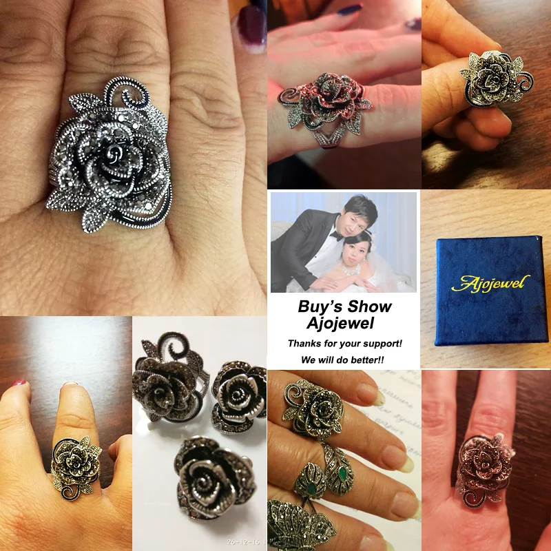Black Rose Flower Big Vintage Rings For Women Unique Retro Crystal Rhinestone Jewelry finger ring jewelry accessories