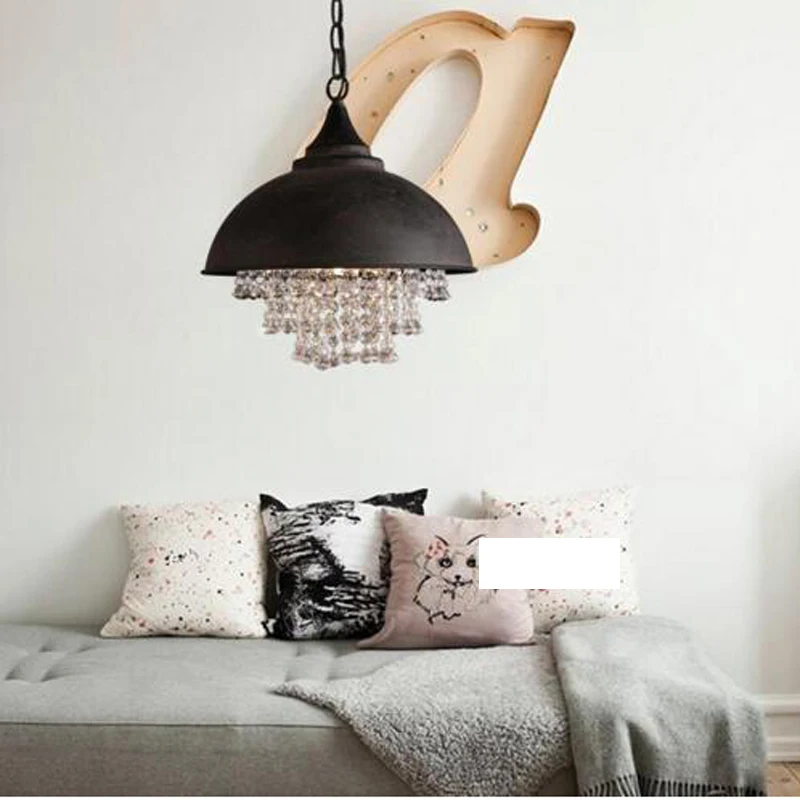 

American country retro industrial style crystal chandelier wrought iron single lid luxury living room hotel decorative lights