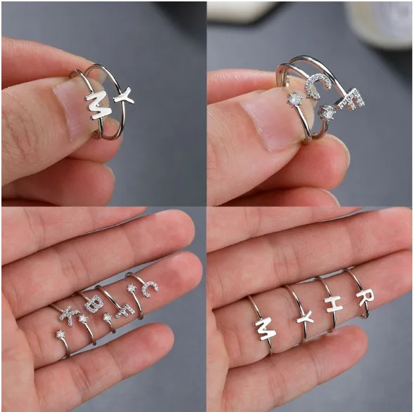 

Zircon Copper Ring 26 Letter Ladies Men's Simple European And American Classic Style White Gold Personality Charm Opening Ring