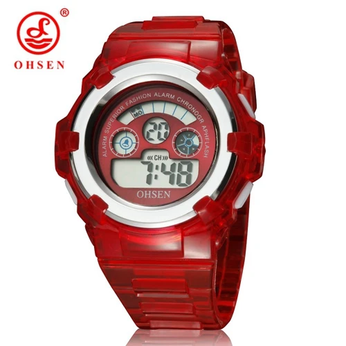 OHSEN цифровые спортивные детские наручные часы для мальчиков с зеленым силиконовым ремешком 30 м Водонепроницаемый модный светодиодный часы для девочек - Цвет: Red