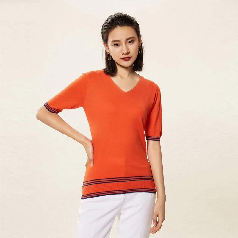 2019 Summer New Pattern Women Cashmere Sweater V-collar Solid color Half Sleeve Fine Yarn Good Ventilation Stripe Style Pullover | Женская