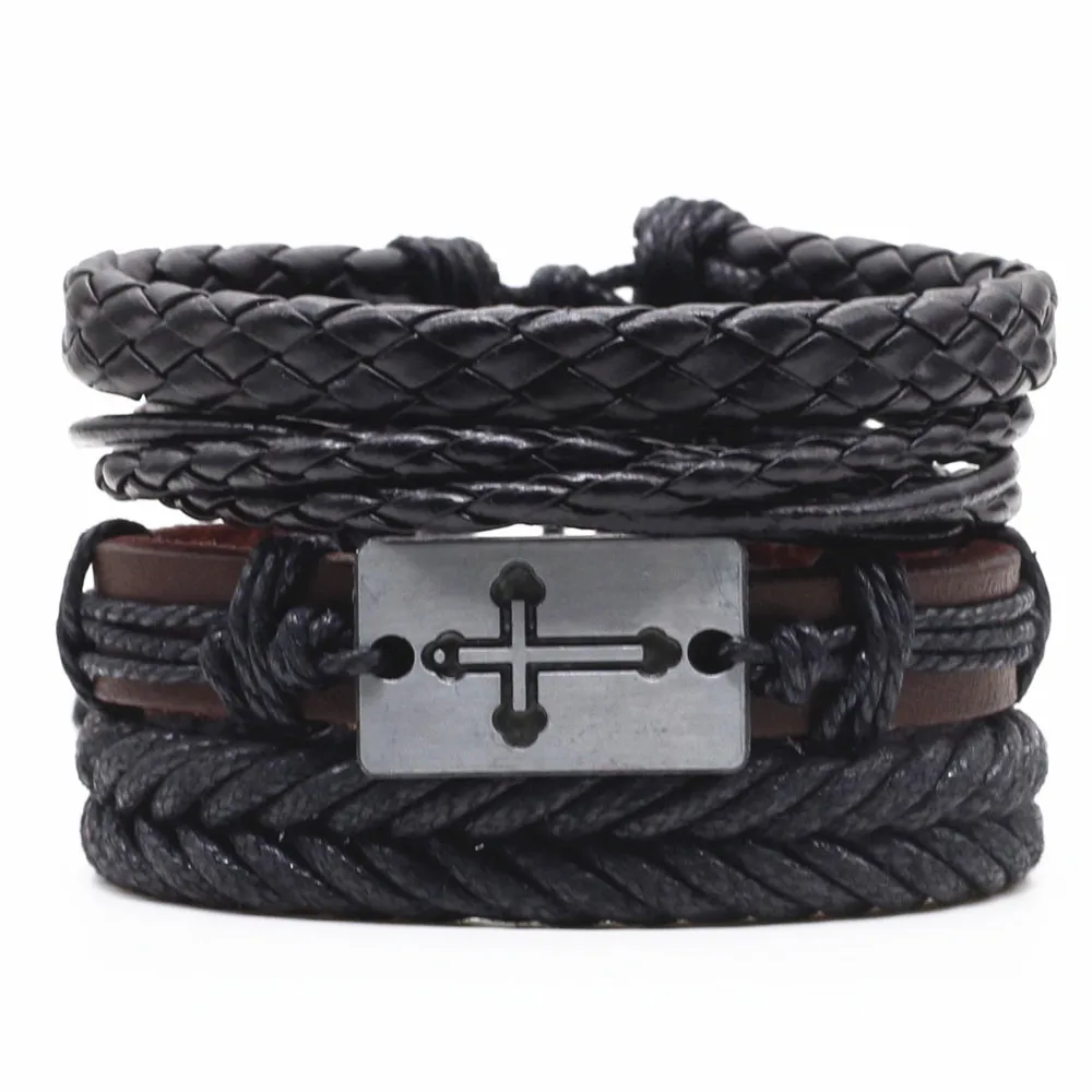

Hot 4pcs/set Alloy Believe Love Words Cross Archor Charm Bead Women Men Leather Bracelets Homme Male Female Jewelry