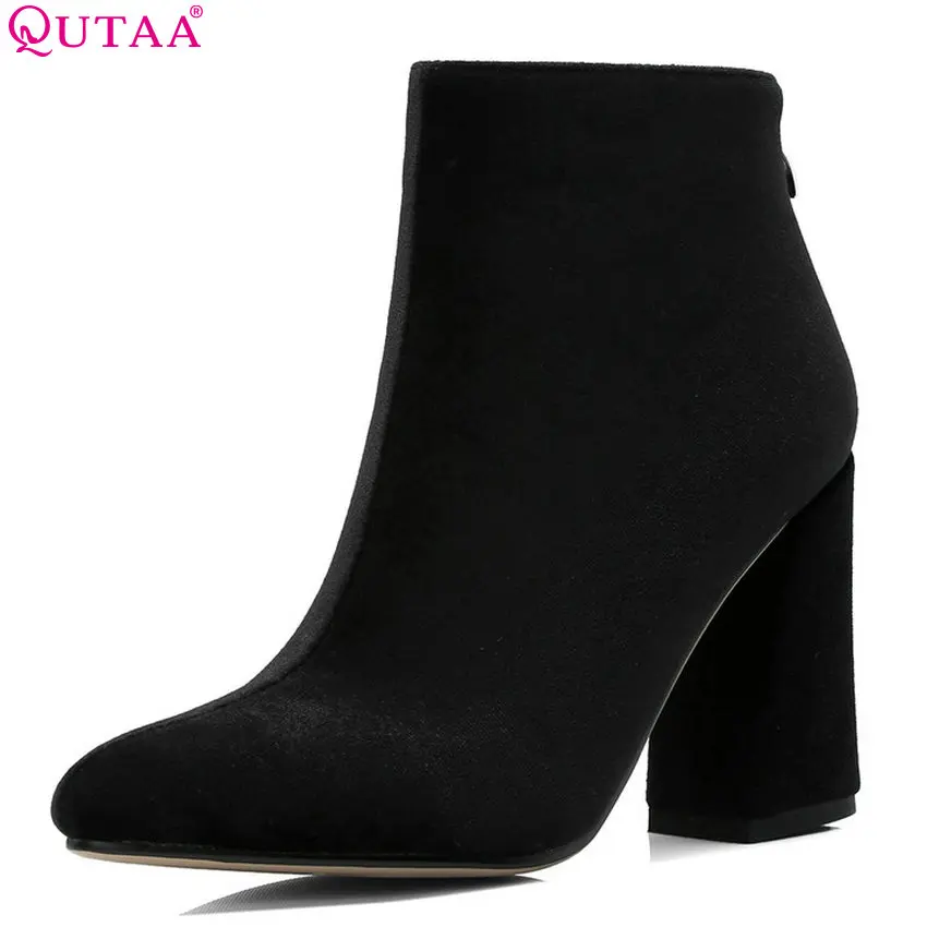 

QUTAA 2019 Women Ankle Boots Platform Zipper Flock Winter Shoes Black Square High Heel Women Motorcycle Boots Big Size 34-43