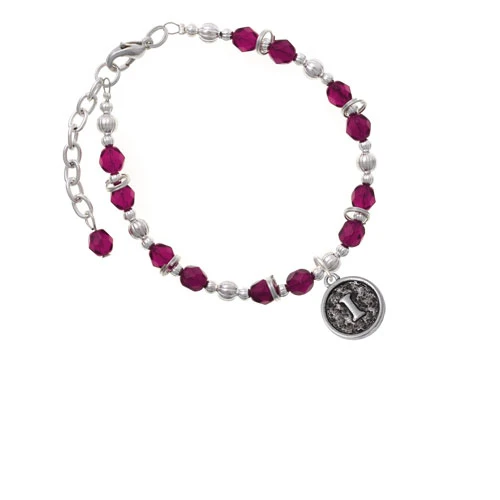 Silvertone Antiqued Round Seal - Initial - I - Magenta Beaded Bracelet