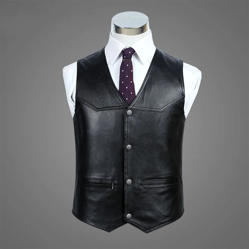 2016 Autumn Winter Black Genuine Leather Vests Sleeveless Leather