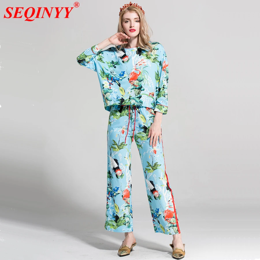 

SEQINYY Beach Pants Set Holiday Summer 2018 Fashion Women's 3/4 Batwing Sleeve Light Blue Crane Flowers Printing Trousers Set
