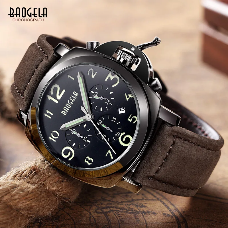 Baogela мужские Часы коричневый кожаный ремешок Мода хронограф Reloj Hombre