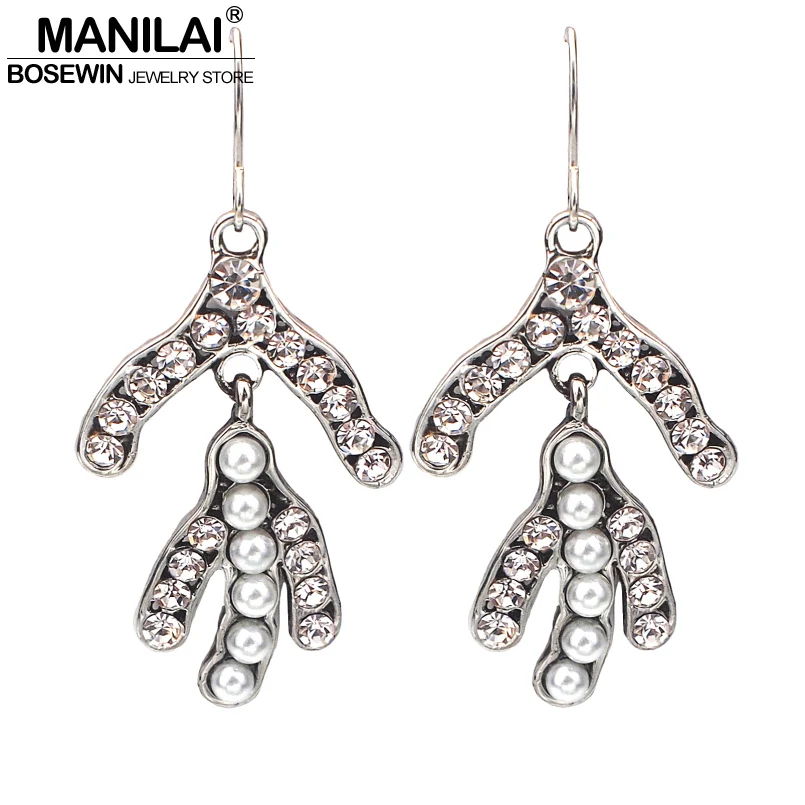 MANILAI Trendy Rhinestone Drop Dangle Earrings Women Fashion Imitation Pearl Statement Geometric Earrings Silver Colors Jewelry