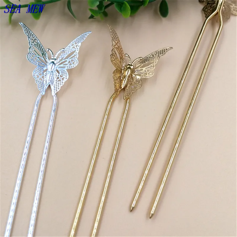 

SEA MEW 35*32mm Butterfly Hair Sticks Silver Gold Color Metal Copper U Shape Hair Pins Base Setting For Women Jewelry Making