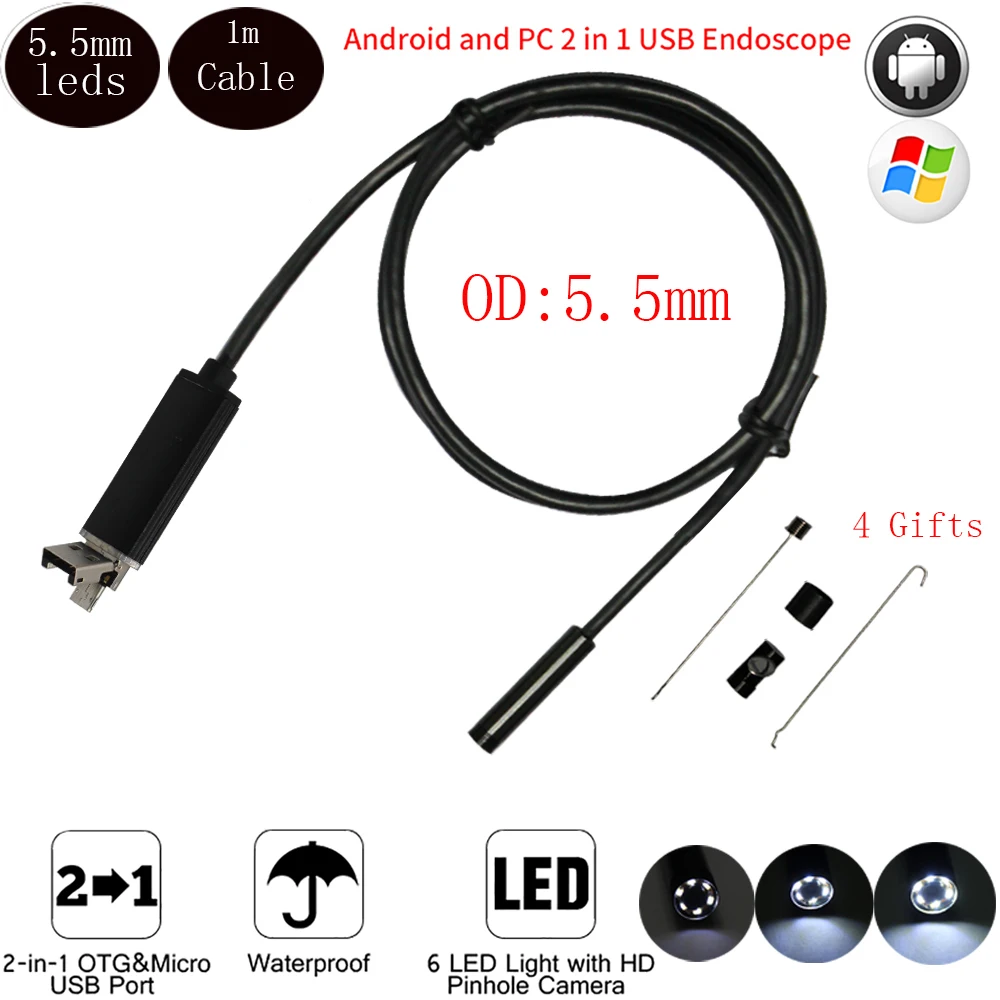 Usb Endoscope Android Camera 1M Cable 5.5mm 6 Leds IP67 Waterproof