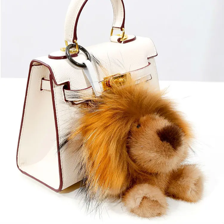 

Cute Genuine Real Mink Fur Plush Fluffy Furry Lion Keychain Pompom Animal Key Chain Pendant Women Bag Charm Bag Accessories