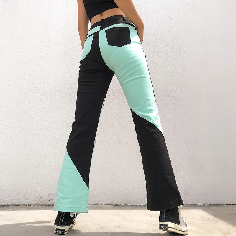 Darlingaga уличная Высокая талия расклешенные брюки женские Лоскутные отделанные брюки карманы модные брюки-клеш Harajuku низ