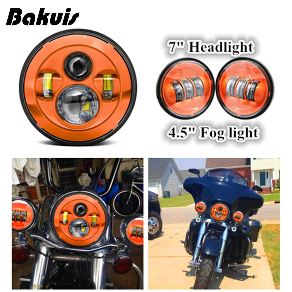 

7"inch Led Headlight Auxiliary Lamp Led Light Bulb +2Pcs4.5"30W Motorcycle Fog Lamp Orange Set for Harley Davidson Motorcycle