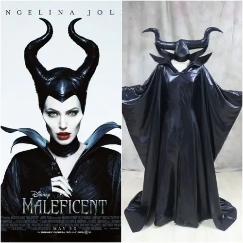 

Adult Maleficent Black Long Leather Cloak Women Halloween Cosplay Costume Angelina Witch Cosplay Cloak Costume Dress + Horn