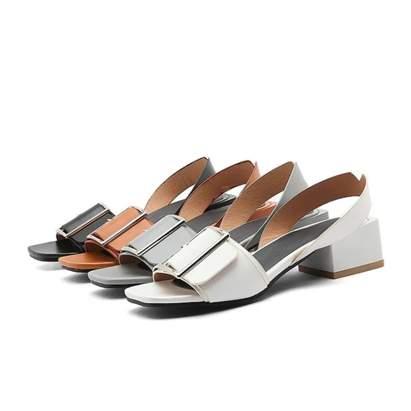 

Women's novelty shoes square heel sandals back strap metal shoes brown grey white open toe sandalias mujer 2019 new arrivals 43