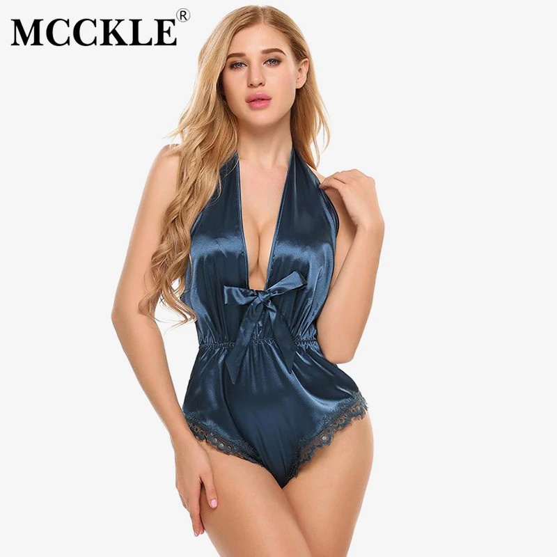 

MCCKLE Women's Lace Satin Backless Sexy Bodysuits Sleeveless Bowtie Halter Rompers Women 2019 Spring Summer Playsuits Woman