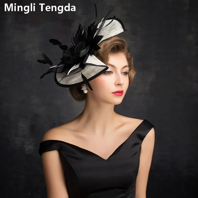 

Mingli Tengda Black Feather Bridal Hat Wild Bride Tiara Linen Wedding Hat Elegant Ladies Ivory Hat Chapeau Mariage Bridal hats