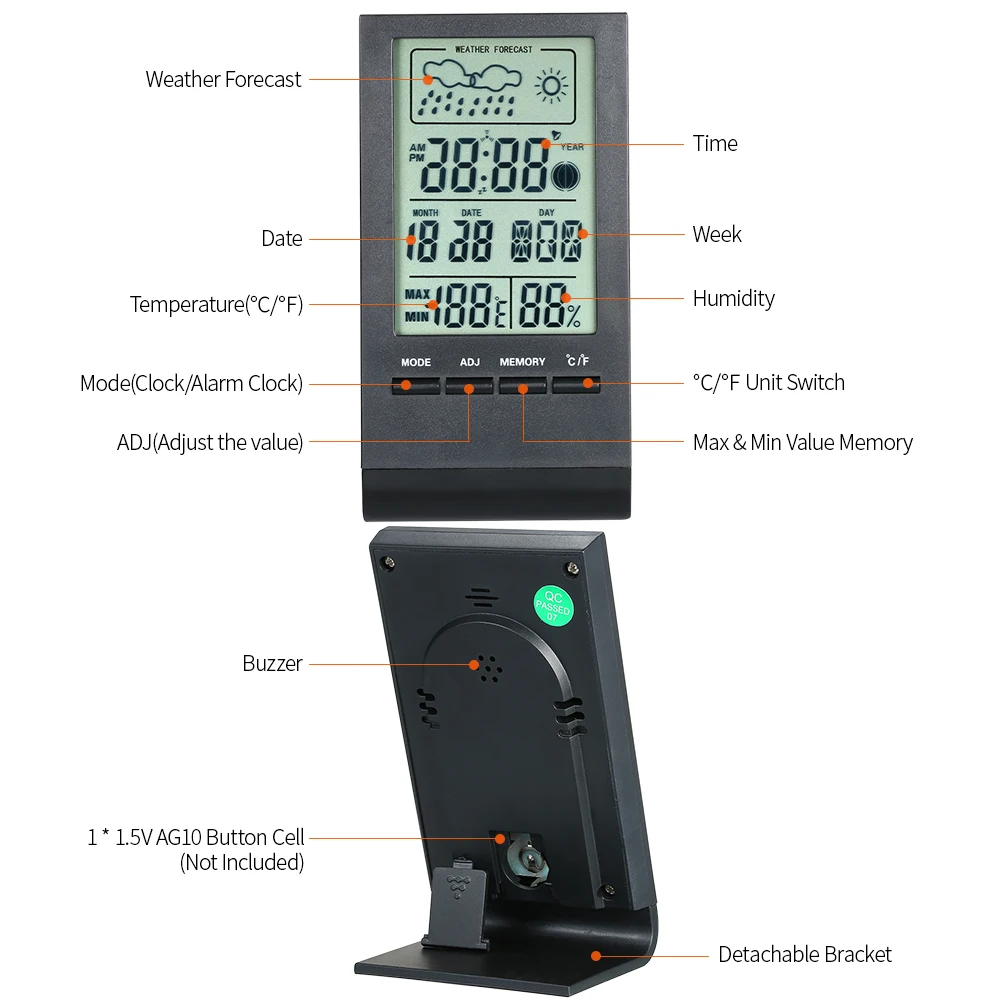 Мини-цифровой термометр-гигрометр для помещений, измеритель температуры и влажности, часы, метеостанция, предсказание, максимальное минимальное значение, дисплей