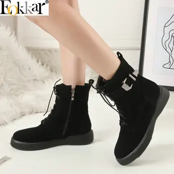 

Eokkar 2019 Women Ankle Boots Round Toe Buckle Flock Dress Boots Fashion Lace Up Women Winter Shoes Black Boots Big Size 34-43