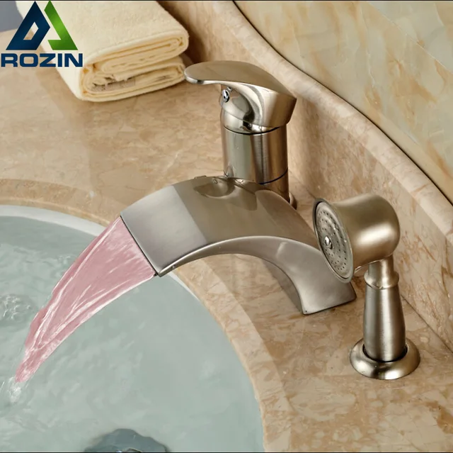 Brushed Nickel Led 3 Color Changing Waterfall Bath Tub Faucet Taps Brushed Nickel Led 3 Color Changing Waterfall Bath Tub Faucet Taps Deck Mount Single Handle Handheld