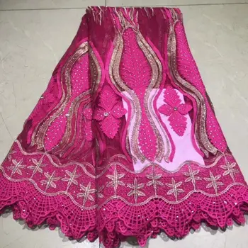 

5 Yards African Embroidery Lace Cotton Fabric with Rhinestone New Ankara Fabric for Dress Party French Lace Free Shipping