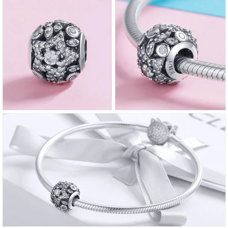 Серебряный S925 fit Pandora браслет Маргаритка Снежинка Единорог Жук бусины кролик 925 DIY Циркон Скелет перо мир руки талисманы