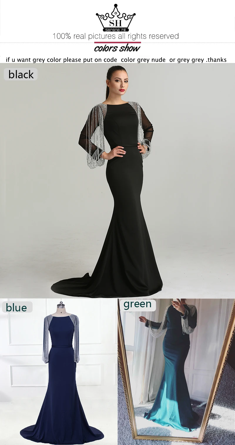 Long Sleeves  Black Beading Chain Elegant Mermaid Prom Dresses Crystal Beading Satin Dresses For Prom 2020 SERENE HILL LA6219