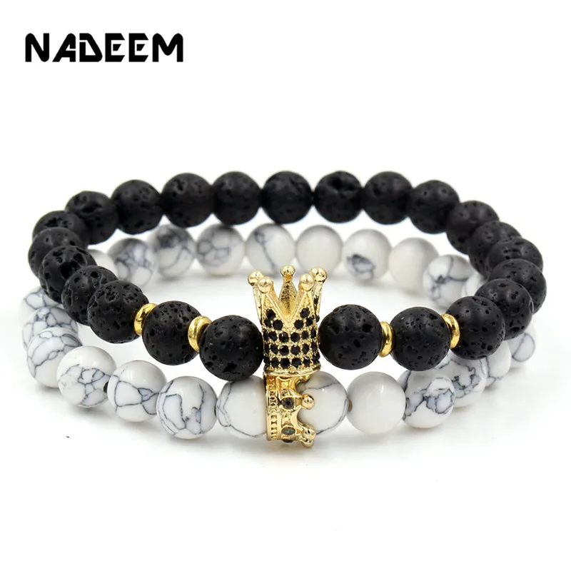 

2Pcs/Set Men Woman CZ Crown Charm Bracelet Bangle Sets Natural Lava,Howlite Stone Beads Stretch Mala Bracelet Pulseras Masculina