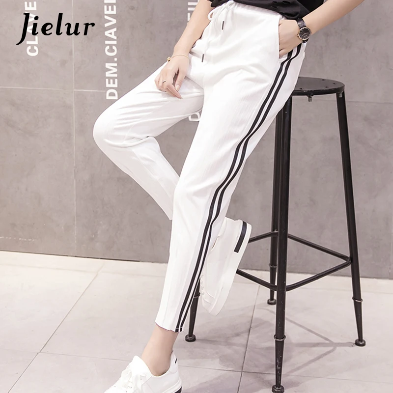 Jielur удобные белые брюки для отдыха черные шикарные хипстерские женские брюки короткие эластичные талии Боковые Полосатые брюки уличная дропшиппинг