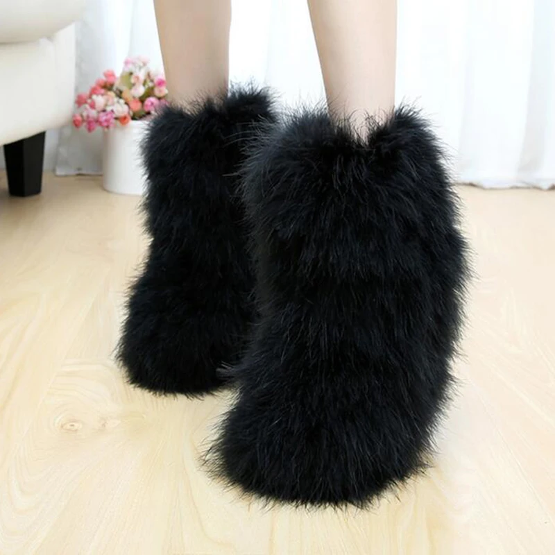 Womens Ankle Boots Ostrich Feather Fur Furry Casual Winter Warm Shoes Snow Boots 