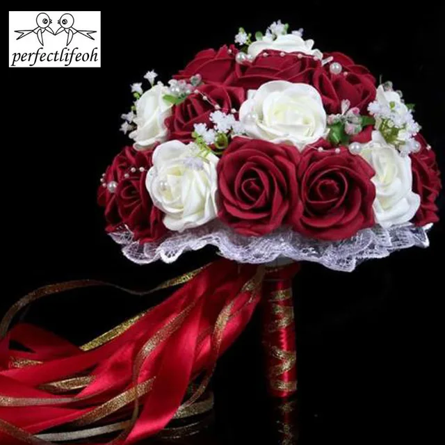 Perfectlifeoh Burgundy Wedding Bouquet Pink Red White Perfectlifeoh Burgundy Wedding Bouquet Pink Red White Bridal Bridesmaid Flower Artificial