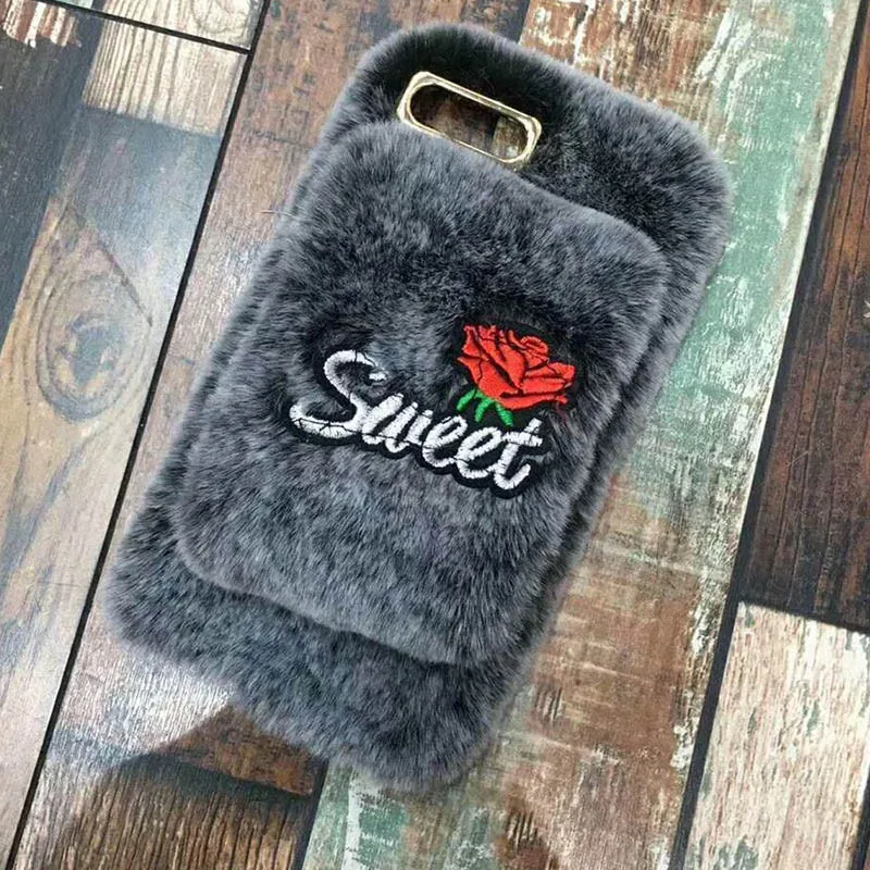 Tfshining Fur Case For iPhone X XR XS Max Lovely Winter Plush Furry Sweet Rose Silicone Phone Case Cover For iphone 6s 7 8 plus (2)