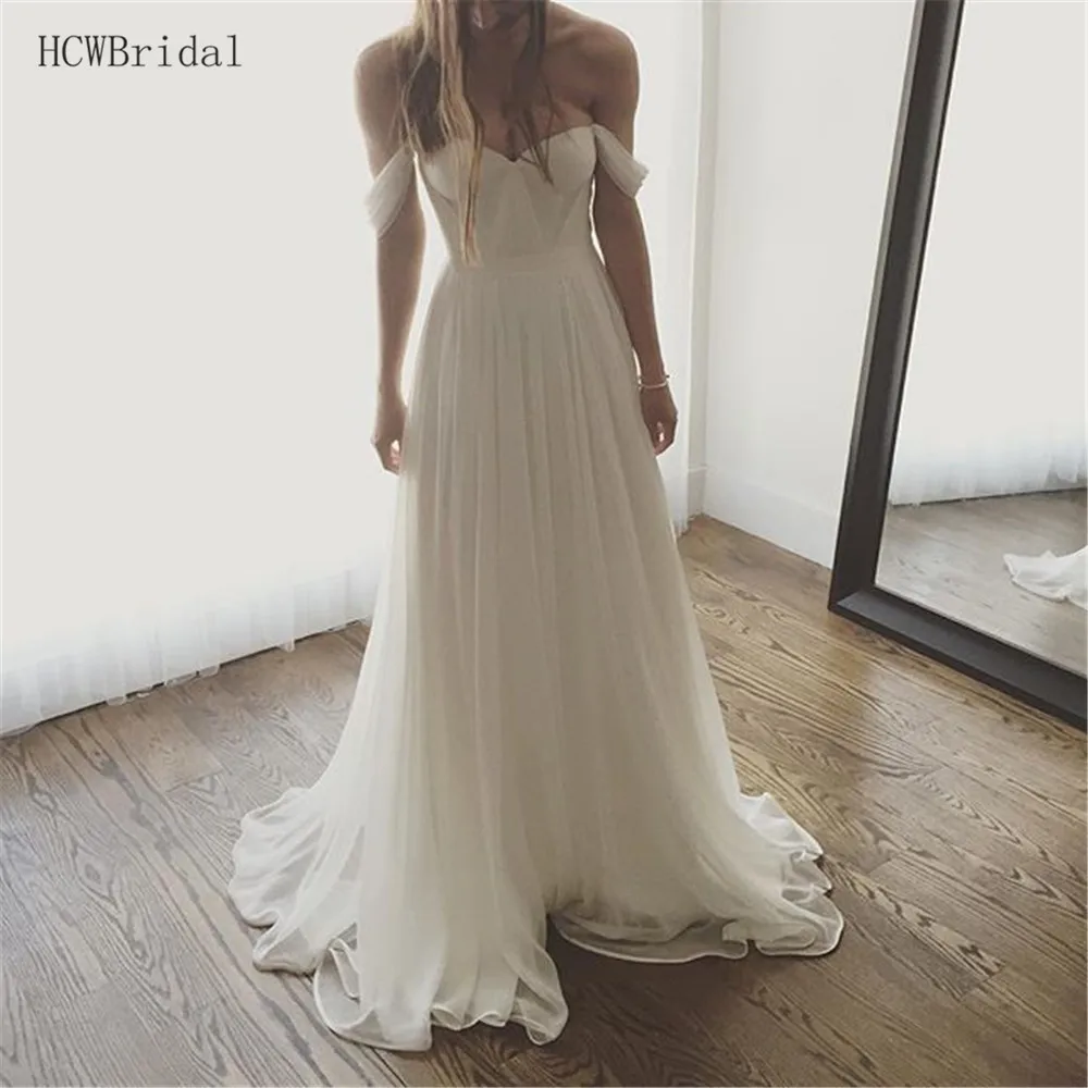 

White Chiffon Wedding Dresses 2019 Hot Selling Strapless Off The Shoulder Pleat A Line Long Simple Bridal Dress Cheap