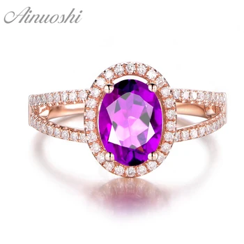 

AINUOSHI Natural Amethyst Halo Ring 1.25ct Oval Cut Engagement Jewelry Women Ring Rose Gold Color Pure 925 Sterling Silver Ring