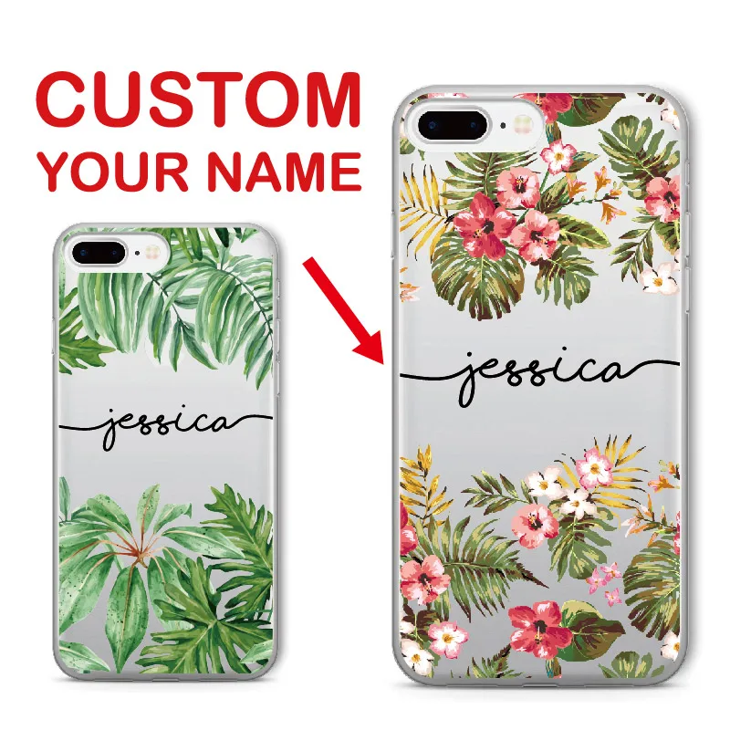 

Personalized Custom Name Text Tropical Floral Soft Clear Phone Case For iPhone 6 6S XS Max 7 7Plus 8 8Plus 5 X SAMSUNG Galaxy