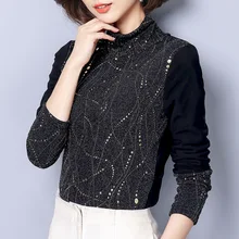 Зима Осень Женская мода Тонкий Водолазка картина золото плюс бархат черный под рубашки женский флис толстая теплая футболка